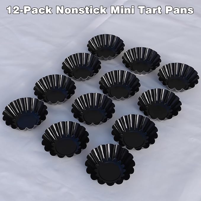 12-Pack 3 Inch Nonstick Mini Tart Pans Fluted Side for Pies Pan Round Deep Quiche Mold Heavy Duty Carbon Steel Baking Cupcake Egg Tarts Mousse Cakes Fruit and Desserts Molds for Oven