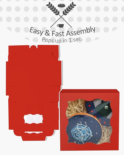 qiqee Red Bakery Boxes with Window 55pcs 4x4x2.5 Mini Cookie Boxes Macaron Boxes Small Donut Pastry Boxes for Party
