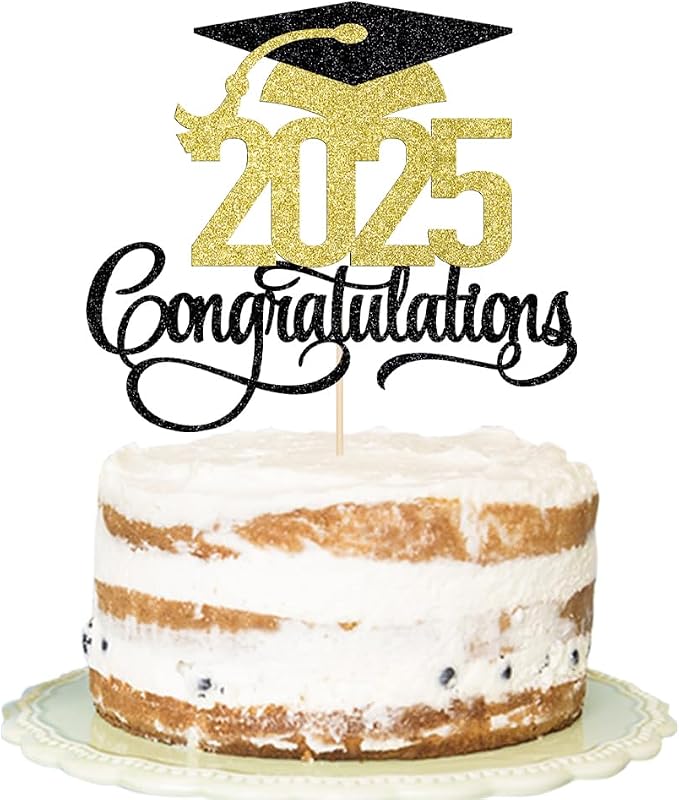 Black Gold Glitter 2025 Congratulations Graduation Cake Topper,Congrats Grad Cake Decor - 2025 High School/College/Senior Graduation Party Decorations Supplies