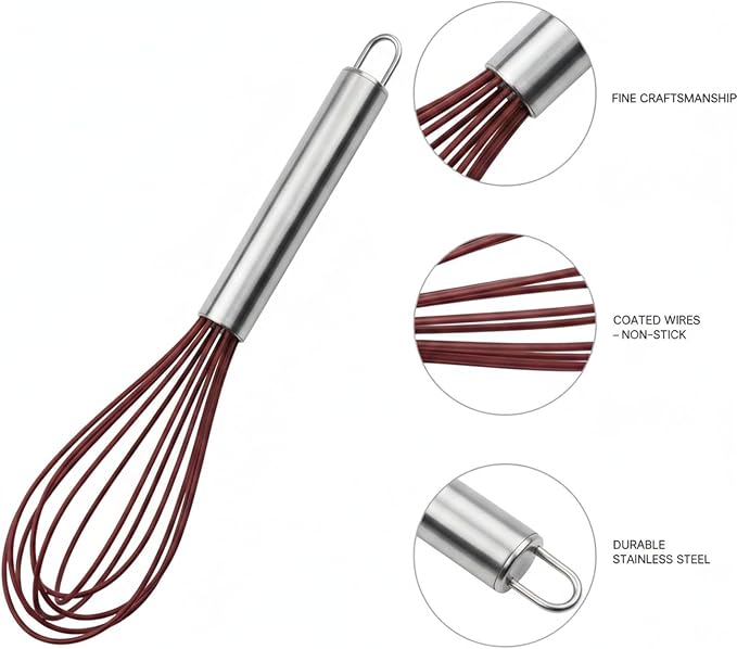 Red Silicone Egg Whisk with Stainless Steel Handle, Non-Scratch Coated Wires for Mixing Batters and Eggs in Non-Stick Cookware