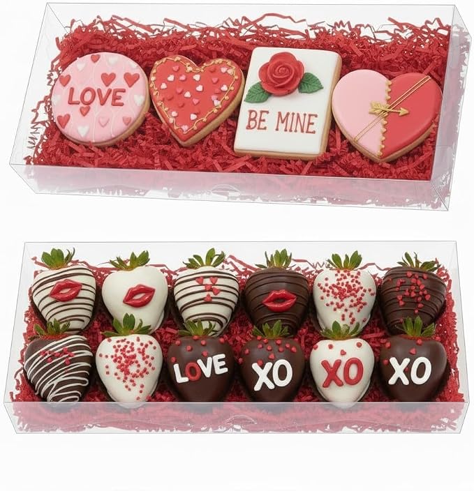 RomanticBaking 50PCS 12x5x2 Inches Clear Cookie Boxes Strawberry & Macaron Gift Boxes for Party Favors