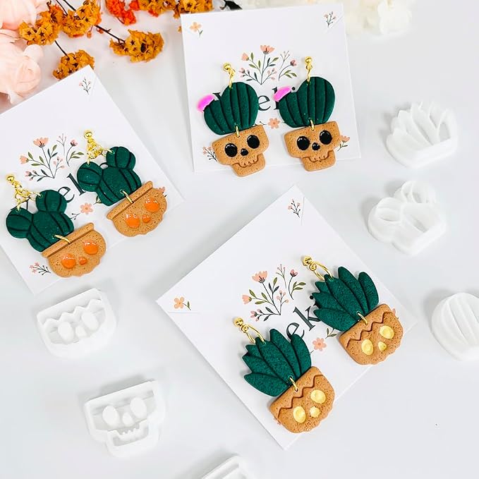 Xaekicr Halloween Cactus Polymer Clay Cutters – 6Pcs Skull Plant Clay Earring Cutters for DIY Halloween Jewelry – Cute Clay Tools for Polymer Clay Crafts