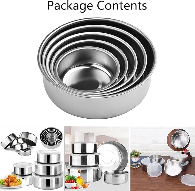 Stainless Steel Mixing Bowls Set with 5 Lids, 5-Piece Nesting Food Storage Containers for Meal Prep and Leftovers, Dishwasher Safe Kitchen Gadgets in Silver, Sizes 10cm to 18cm