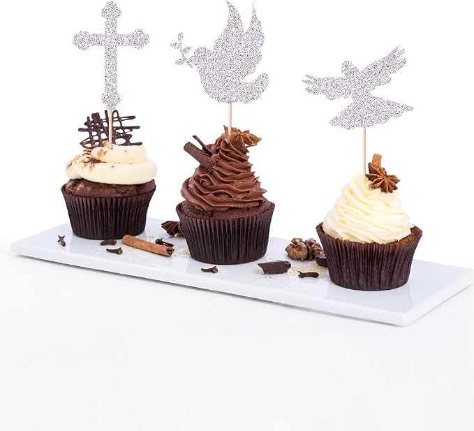 24 piece Silver glitters First Holy Communion Cupcake Toppers Glitter Dove Cross God Bless Cupcake Picks Christian Baby Baptism Theme Cake Decorations for Baby Shower Birthday Party
