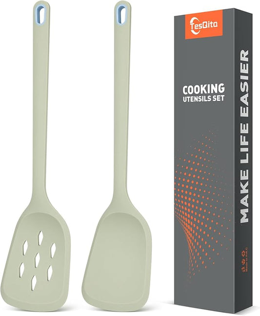 Silicone Cooking Spatula&Slotted Spatulas, Pack of 2,Solid Turner Kitchen Utensils Set for Cooking,Frying, Baking, Flipping, Turning,Heat Resistant 450℉ (Green)