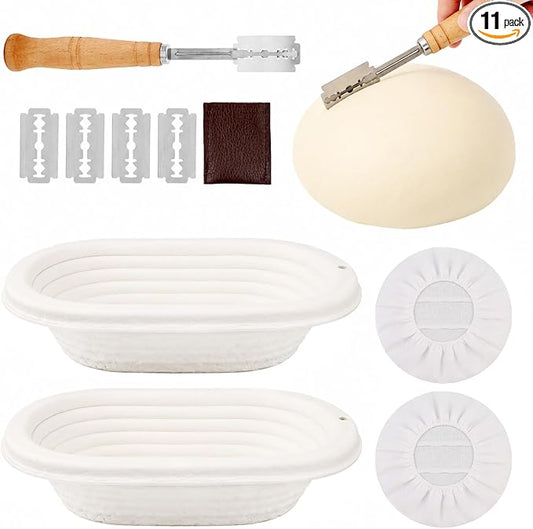 2 Pcs Banneton Bread Proofing Baskets with 2 Linen Liners & Bread Lame, Includes 5 Blades Replacement, Sourdough Proofing Baskets for Rising, Shaping, Scoring