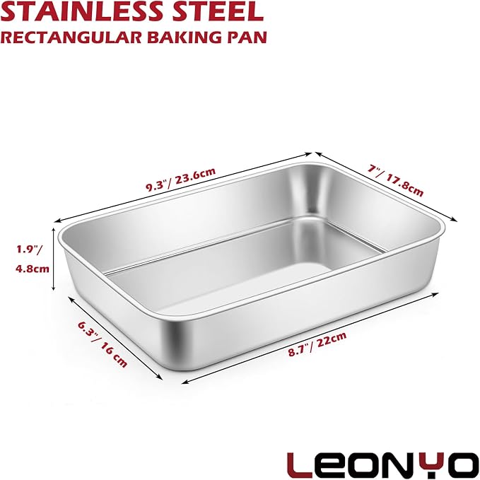 Leonyo 4 Pack Stainless Steel Lasagna Pan, 9.3 x 7 Inch Bakeware Cake Pan for Baking, Rectangle Baking Trays Sheet for Commercial Kitchen, Focaccia Bread, Casserole Dish - 2 Inch Deep