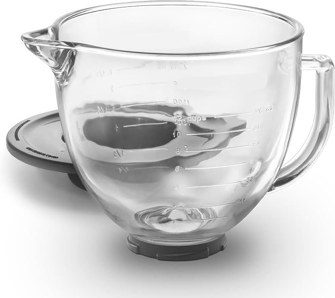 Replacement Glass Mixer Bowl with Lid and Attachments Set, 4.5-5 Qt,Compatible with Kitchenaid Tilt-Head Stand Mixers, Includes Beaters, Dough Hook, Wire Whip (Bright)