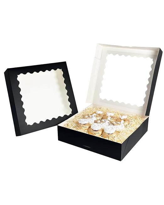 Bakepacker 20pcs Black Pie Boxes 12x12x3 inches Easy Assemble Macaroon Cookie Boxes Bakery Boxes with Window for Bakery (Auto-pop Up)