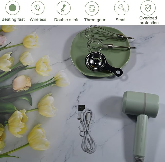 Hand Mixer, Portable Electric Cordless Handheld Mixer, 3-speed Usb Rechargeable with Twin Mixer Whips and Egg Separator for Butter, Cream,Kitchen Baking and Cooking (Green)