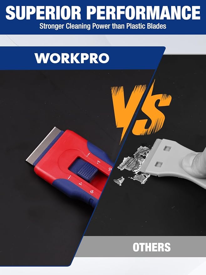 WORKPRO 2-Pack Retractable Razor Blade Scraper with 62 Blades, Built-in Storage Cleaning Scraper Tool for Paint Stickers Adhesive Glass Ceramic Wood