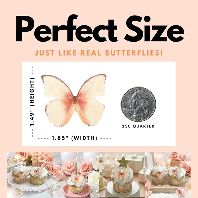 Edible Butterflies with Edible Glitter Kit - Wafer Paper Butterflies for Cakes - Cake Decorations - Cupcake Decorations - Cake Toppers (Sweet Peach)