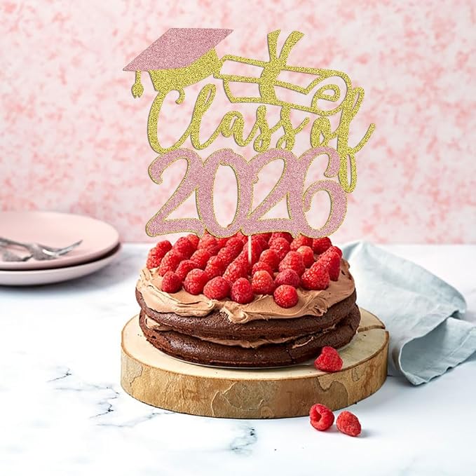 Gold Class of 2026 Congrats Grad Cake Topper Glitter Graduation Party Supplies - High School College Graduates -College Graduate Cake Topper Decorations (Class of 2026 Gold and rose gold)