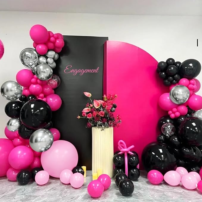MEBAY Hot Pink Black Silver Balloon Garland Arch Kit, 166Pcs Red Black Pink Silver Balloons for Birthday Graduation Baby Shower Wedding Anniversary Bachelorette Party Decorations