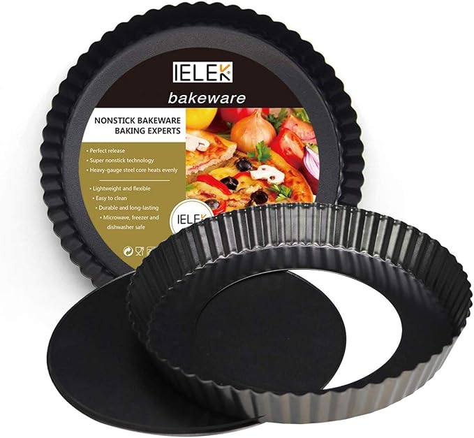 IELEK 12 Inch Non-Stick Tart Quiche Flan Pan Molds Round Removable Loose Bottom Fluted Heavy Duty Pie Pizza Pan
