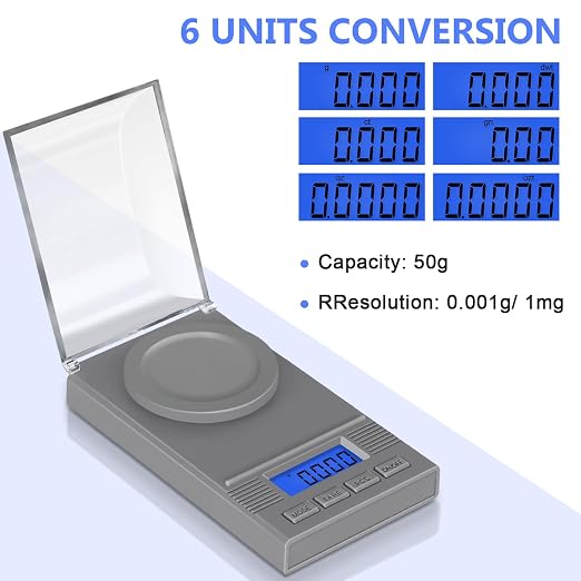 Fuzion Digital Milligram Scale 50g/0.001g, Powder Scale 6-in-1 Kit | Includes Soft Carry Bag, 50g Calibration Weight, Battery, Milligram Scale for Capsule Filling, Supplement, Reloading, Jewelry