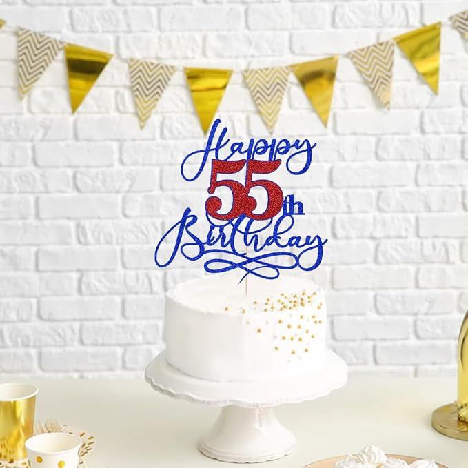 Happy 55th Birthday Cake Topper,Black font Golden Numbers 55th Birthday Cake Decoration，Hello 55, Cheers to 55 Years/55th Anniversary ，55& Fabulous Party Decoration