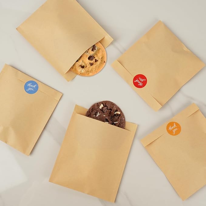 200 Pack Paper Cookies Bags with Seal Stickers, 5x6 Inch Grease Resistant Cookie Sleeves Small Brown Bakery Bags for Packaging Donuts, Brownies, Treats, Snacks, Baked Goods