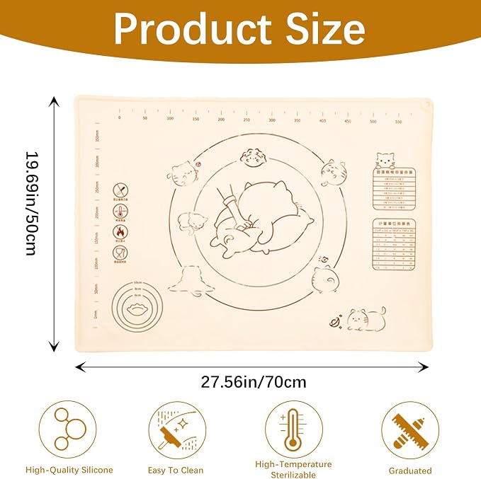 27x19" Silicone Pastry Mat with Cute Cat Design, Non-Slip & Reusable Dough Rolling Mat with Measurements, Extra Large Baking Mat for Kneading Bread, Pizza, Cookies, and More