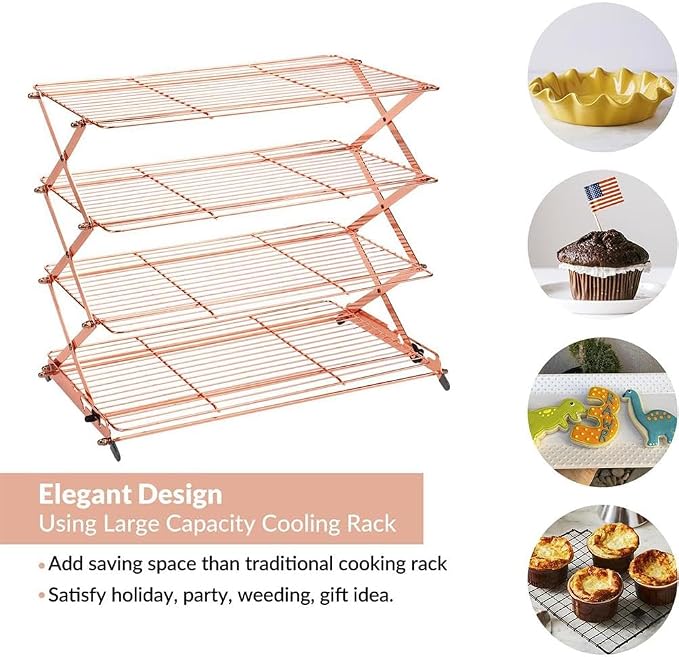 3-Tier Upgraded Collapsible Cooling Rack,Stackable Roasting Cooking Drying Wire Cooling Rack– Expand to Bake,Collapse to Save Space,Cookies Baking Gifts Drying Racks for Cake,Roasting,Grilling (Rose)