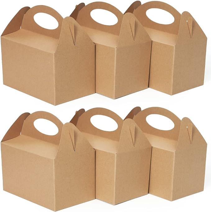 Happyhiram 50 Count Party Favor Boxes Kraft Brown, Treat Boxes with Handles 6" Gable Boxes Candy Party Favor Paper Gift Boxes for Kids Birthday Baby Shower Bridal Shower