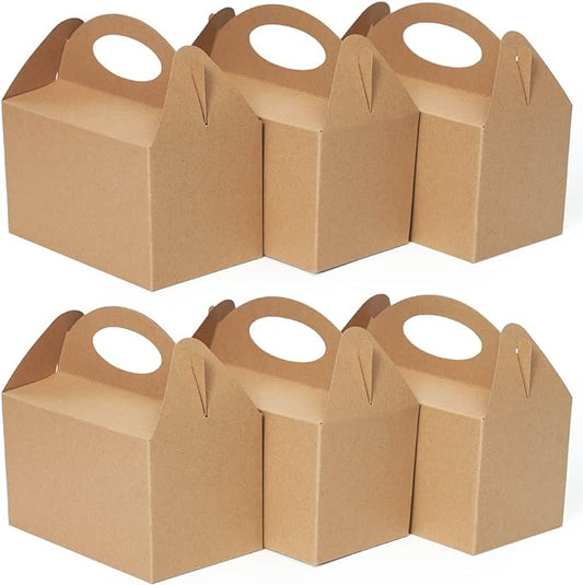 Happyhiram 50 Count Party Favor Boxes Kraft Brown, Treat Boxes with Handles 6" Gable Boxes Candy Party Favor Paper Gift Boxes for Kids Birthday Baby Shower Bridal Shower
