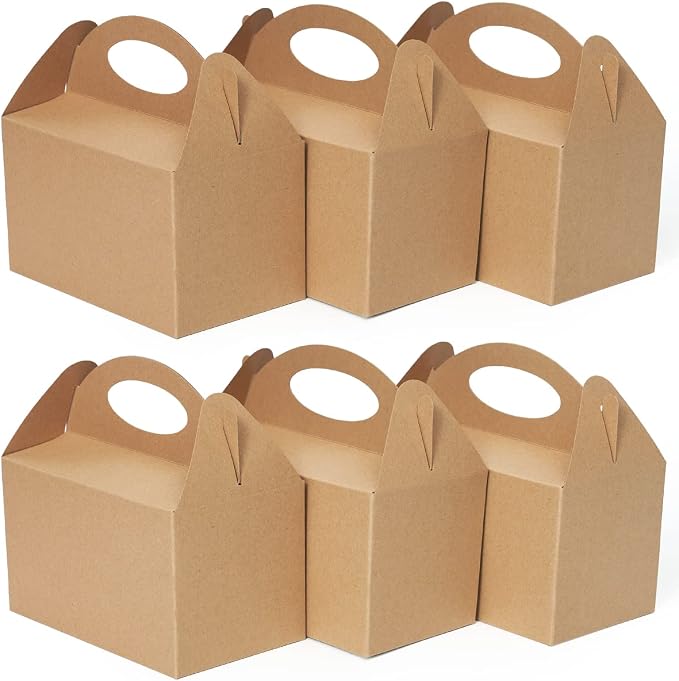 Happyhiram 25 CT Party Treat Boxes Kraft Brown, Candy Boxes with Handles 6" Gable Boxes DIY Party Favor Bags Goodie Boxes Snack Cardboard Box for Kids Birthday Party Supplies for Cookies and Ornament