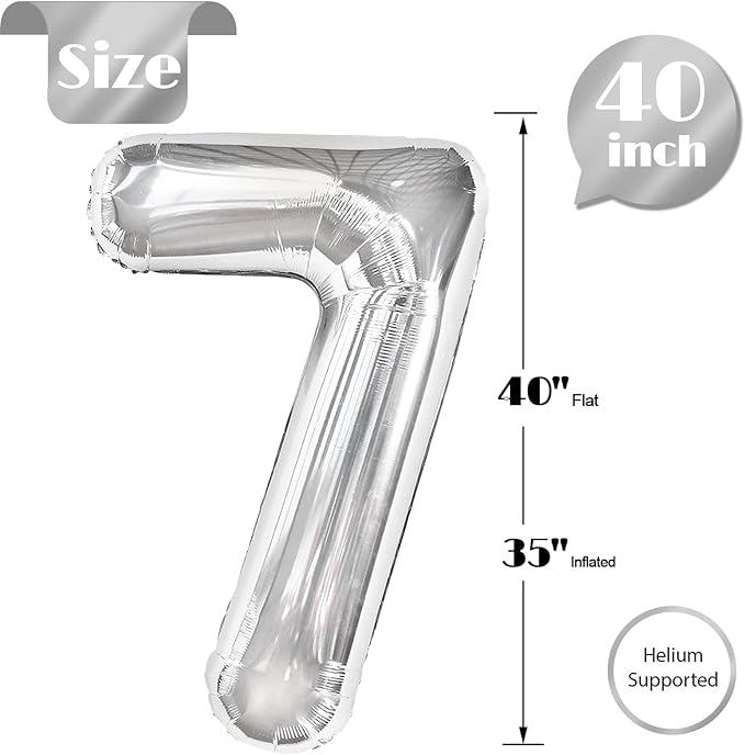 Silver 7 Balloon, Number Balloons 40 Inch, 7th Birthday Decorations for Kids Girls Boys, Silver Party Decoration for Women Men, Number 7 Balloon