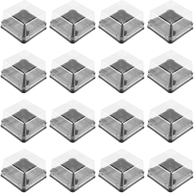 100 Pcs Mini Cake Containers with Lids, 2.75" Square Mooncake Box for 50g Pastry, Clear Plastic Individual Cupcake Holder for Muffin, Egg-Yolk Puff, Dessert Display (Black)
