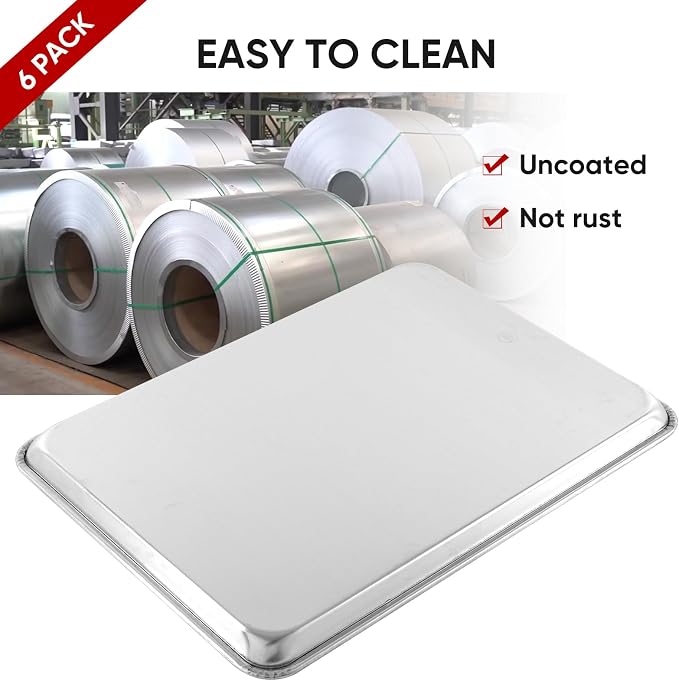 TENUP 6 Pack Aluminum Half Sheet Pan, 18" x 13" Heavy Duty Commercial Baking Tray Reinforced Rim, Warp-Resistant Rust-Free