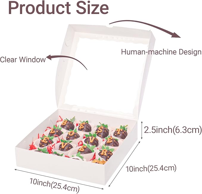 TEMLQPACK 6pcs 10x10x2.5 Inches White Bakery Boxes with Window, Pie, Cookies, Chocolate Covered Strawberries, Breakable Heart, Charcuterie Boxes for Christmas