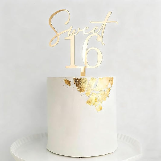 Golden Acrylic Sweet 16 Happy Birthday Cake Topper, 5.9 x 3.54inch Sixteenth Birthday Cake Decoration Cheer to 16th Fancy Cake Decor