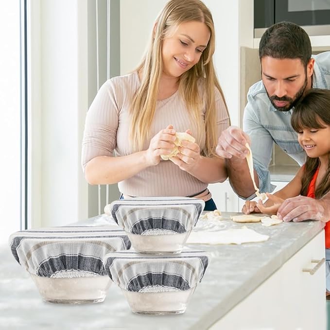 3Pcs Reusable Bowl Covers for Bread Proofing, Elastic Linen Cotton Food Cover for Sourdough Proofing Basket, Food Storage Baking Supplies for Home, Gift for Women