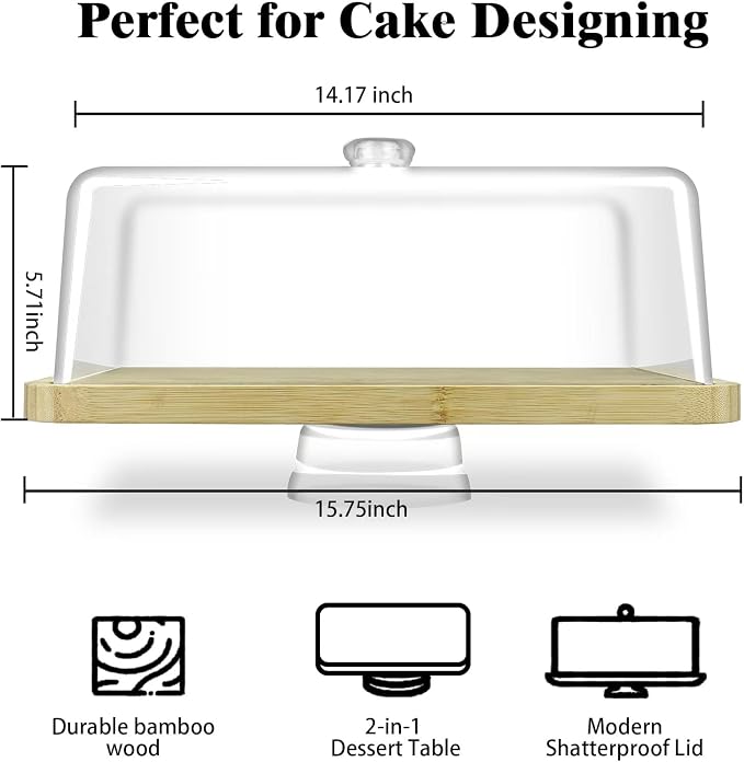 cutesun Bamboo Cake Stand with Lid - Rectangular Cake Holder, 16'' 2-in-1 Dessert Table Display Set & Charcuterie Board for Cheese, Chips, Fruit Platter, Large/big Acrylic Cake Dome Cover, Natural