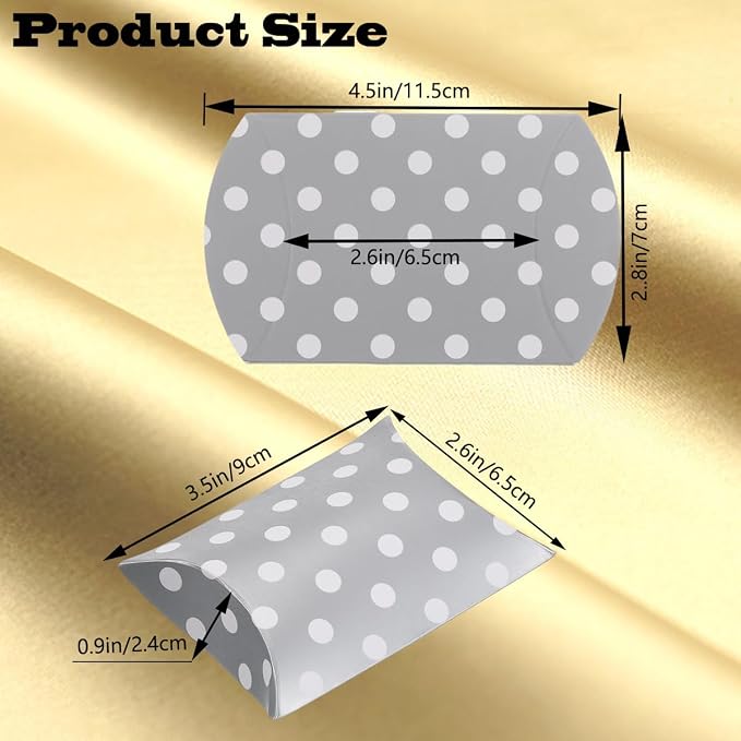 50 Pcs Kraft Paper Pillow Gift Boxes,3.5x2.6 Inch Mini Folding Treat Boxes, Creative Favor Box Folding Treat Boxes for Bakery, Candy, Jewelry, Wedding & Party Favors(Silver dots)