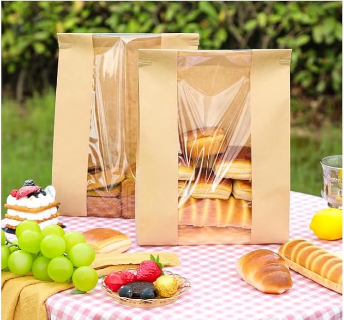 NPLUX 50 Pack Sourdough Bread Bags for Homemade Bread with Tin Tie Tab Lock Bakery Bags with Window kraft Bag for Toast Sandwich Cookie Snacks, Graduation Gift Bags(8.27x13.6x3.54In)