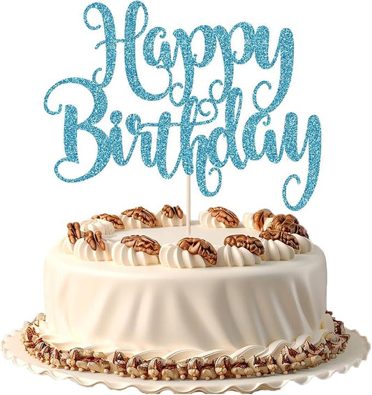 Happy Birthday Cake Topper- Glitter Happy Birthday Cake Decor, Handmade Anniversary/Birthday Party Supplies (Light blue)