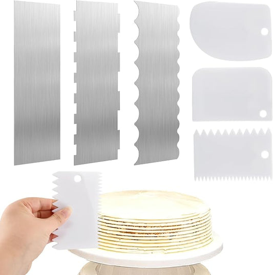 6PCS Stainless Steel Cake Scraper,Cake Decorating Comb Large Double Sided Patterned Edge Stripe Edge Cake Smoother Frosting Scraper for Mousse Butter Cream Decora(silver,Size:8.66inch/22cm)