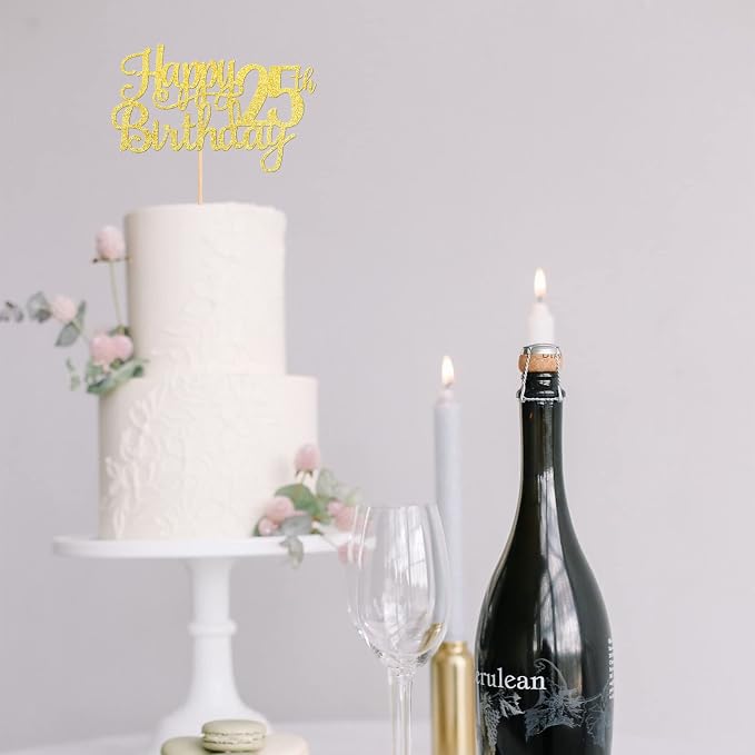 1 PCS Happy 25th Birthday Cake Topper Gold Glitter Cheers to 25 Years Birthday Cake Pick 25 Fabulous Cake Decoration for Happy 25th Birthday Theme Party Decorations Supplies