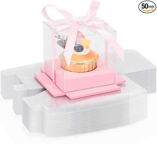 EUSOAR Cake Containers with Lids, 50pcs 3.5 Inch Plastic Clear Individual Single Cupcake Boxes Containers, Transparent Cupcake Holder Carrier with Ribbon and Inserts for Wedding Party bakery-Pink
