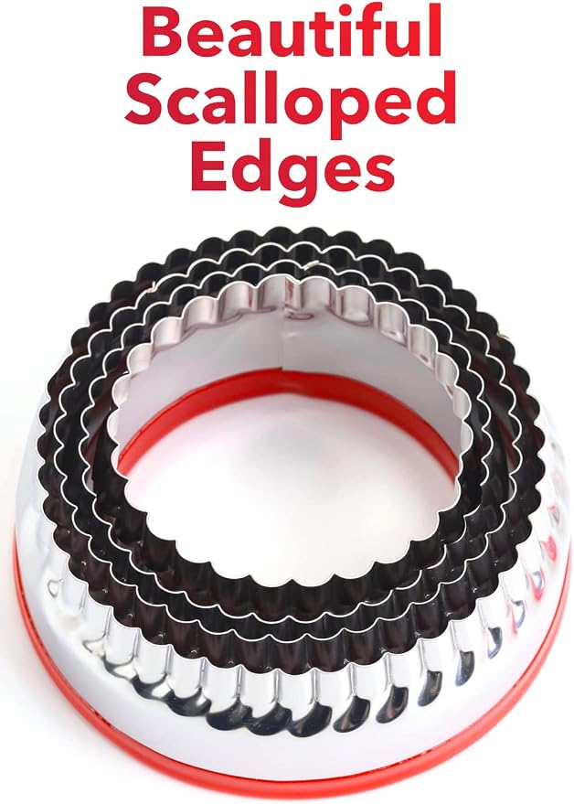 COOKIEQUE 4-Pieces Fluted Round Cookie Cutters, Metal Circle Biscuit Cutters Set, Wave Cookies Cutter with Fluted Edge, Unique Design with Protective Red Top PVC