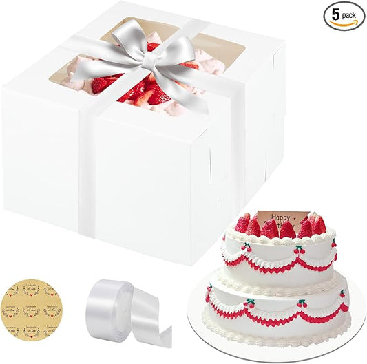 Yeplan 5 Packs Tall Cake Box and Cake Boards,12x12x8 inches Cake Boxes with Window,White Cake Containers for Birthday,Wedding,Baby Shower,Multi-Layer Cake Display