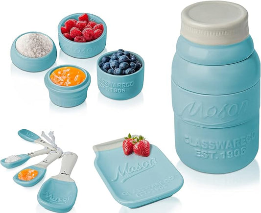Comfify Aqua Blue Mason Jar Measuring Set – 4 Cups, 4 Spoons, Spoon Rest | Aqua Blue; ceramic; 9-piece set; 4 measuring cups + 4 measuring spoons + spoon rest; mason jar design; hand wash only