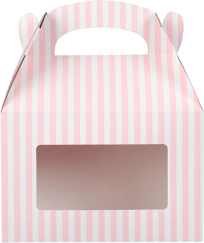 Bio Tek 8.5 x 4.8 x 5.5 Inch Gable Boxes For Party Favors, 25 Attractive Gift Boxes - Striped Design, With Clear PET Window, Pink And White Paper Barn Boxes, Built-In Handle