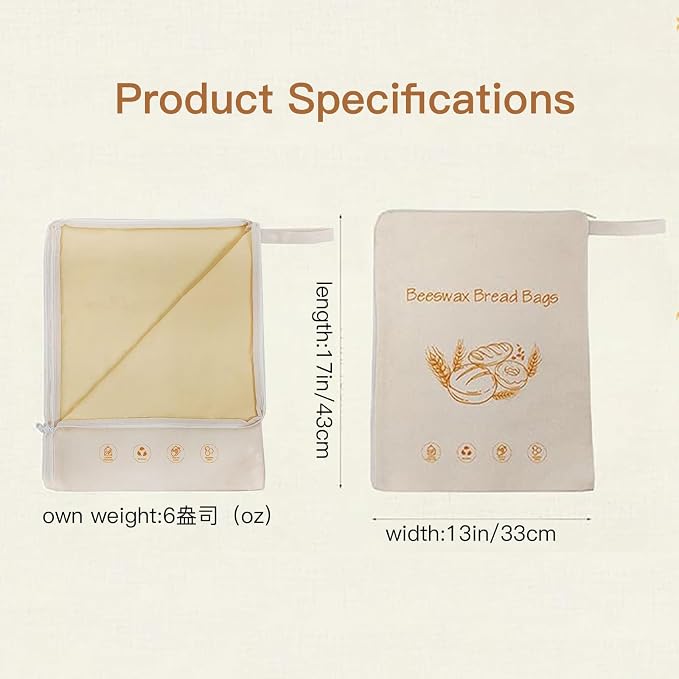 lorine zipper beeswax-lined bread bag, natural beeswax bread bag with a linen blend, suitable for homemade bread and sourdough, safe and reusable