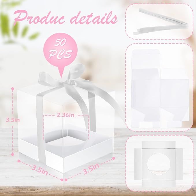 Thenshop 50 Pcs Clear Cupcake Boxes Individual 3.5 Inch Plastic Single Cupcake Containers Boxes with Inserts and Ribbon Individual Cake Storage Holders for Cake Kitchen(White)