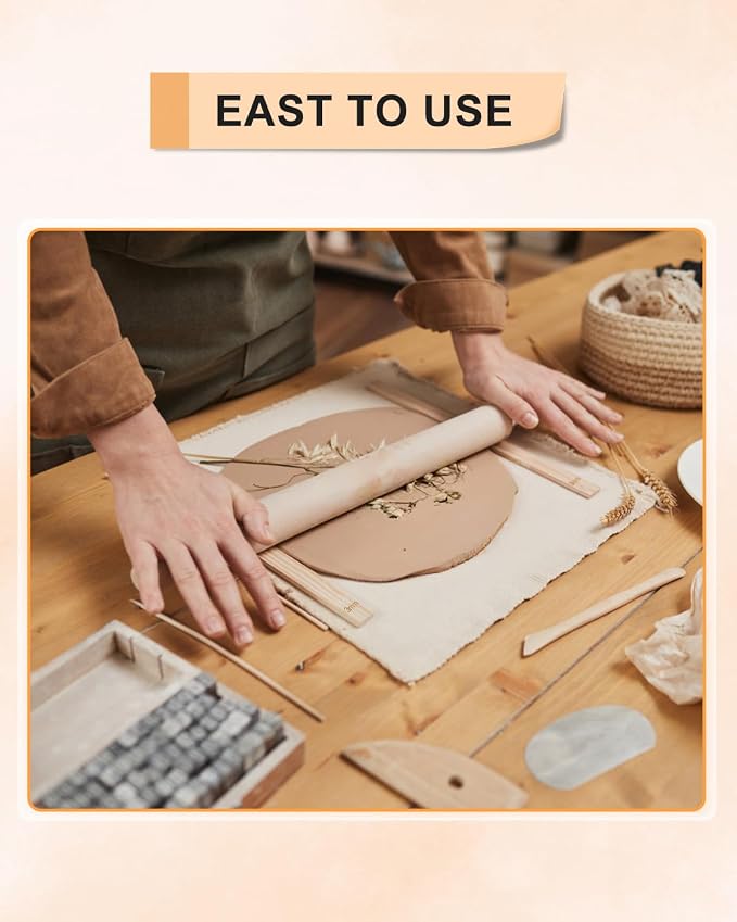 eZAKKA Pottery Teaching Rolling Mud Stick Guide, Wooden Clay Pottery for Clay Tools, 15.3inch Pottery Tools with Clay Slab Roller & Clay Guides Sticks, 10+1Pcs