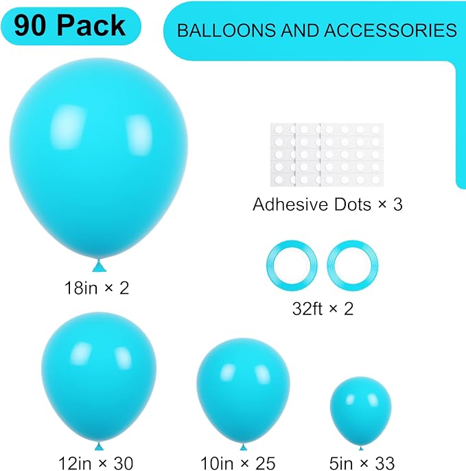 Voircoloria 90pack Peacock Blue Balloons Different Size 18/12/10/5 Inch Pastel Green Balloon Garland Arch Kit for Baby Shower,Graduation, Wedding, Birthday, Gender Reveal, New Year Decorations