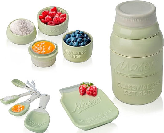 Comfify Green Mason Jar Measuring Set – 4 Cups, 4 Spoons, Spoon Rest | Green; ceramic; 9-piece set; 4 measuring cups + 4 measuring spoons + spoon rest; mason jar design; hand wash only