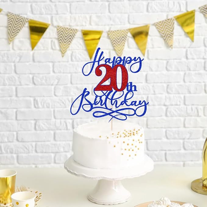 Happy 20th Birthday Cake Topper,Deep blue font red Numbers 20th Birthday Cake Decoration,Hello 20, Cheers to 20 Years/20th Anniversary,20& Fabulous Party Decoration